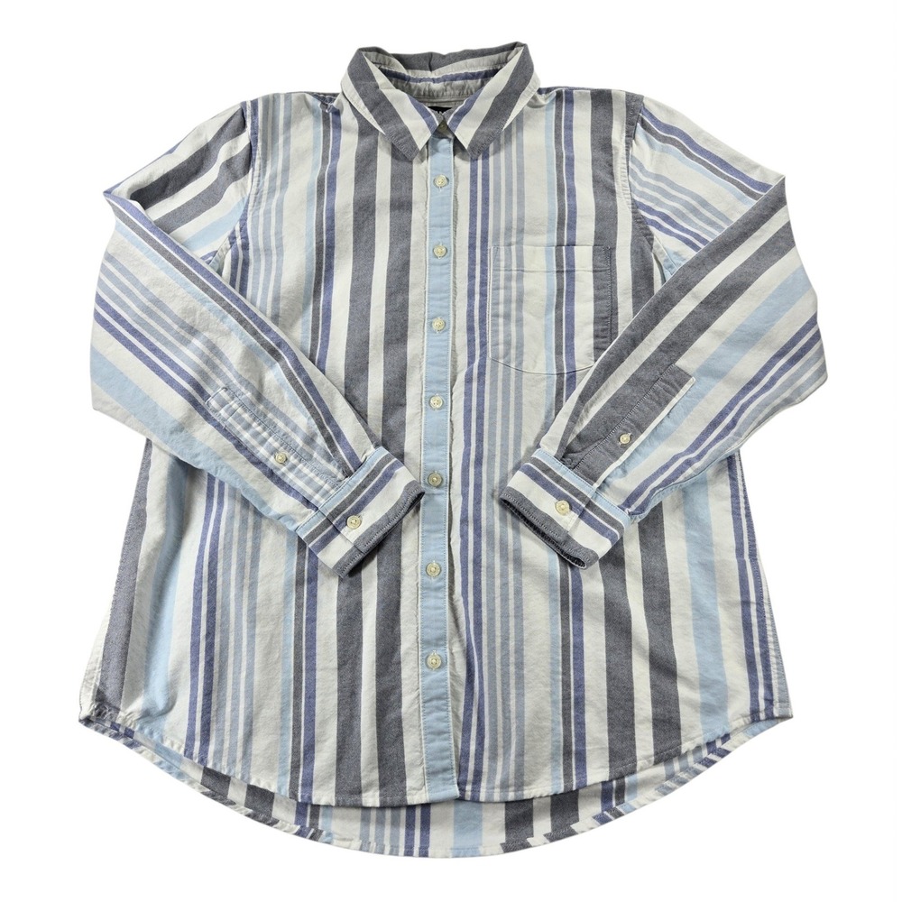 Lands End Womens Medium 10-12 Blue Striped Cotton Oxford Button Down Shirt